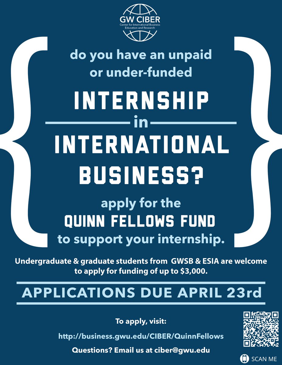 The Quinn Fellows Fund provides financial support for GWSB &amp; ESIA grad and UG students pursuing unpaid/underpaid international business #internships. Apply today: business.gwu.edu/CIBER/QuinnFel…

<a href="/GWSBFowler/">F. David Fowler Career Center</a> <a href="/gwbusiness/">The GW School of Business</a> <a href="/GoGlobalED/">GoGlobalED</a> <a href="/AnnaHHelm/">Anna H. Helm</a> <a href="/gwUBA/">GW UBA</a> <a href="/GWMBAA/">GW MBA Association</a> <a href="/GWWIB/">GW Women In Business</a> @GWSBglobal  <a href="/gwtourism/">GWSB MS Tourism, Hospitality & Event Management</a>