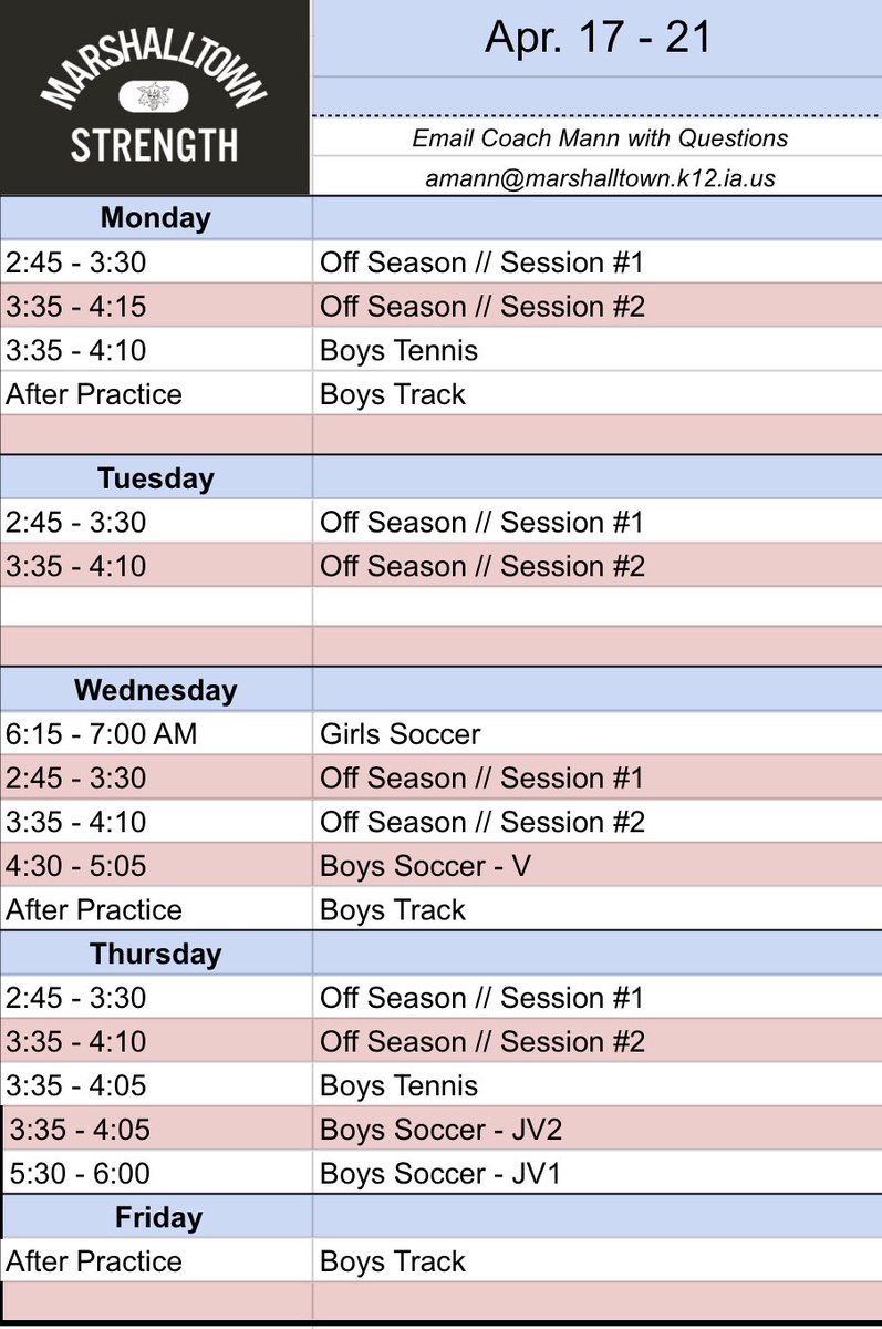 This weeks weight room schedule.