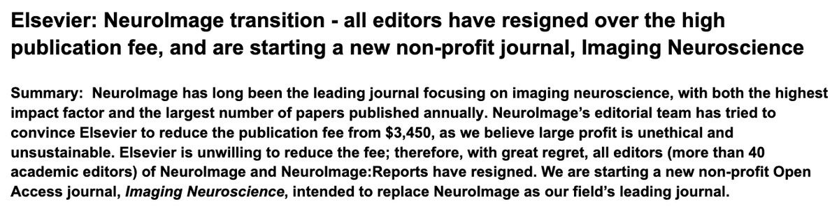 Following Elsevier's decision to raise the APC for NeuroImage to $3,450, all editors (inc. EiCs @fmrib_steve @tobergmann @BirteUta) from NeuroImage and NeuroImage:Reports have resigned, effective immediately. I am joining this action and have also resigned imaging-neuroscience.org/Announcement.p…