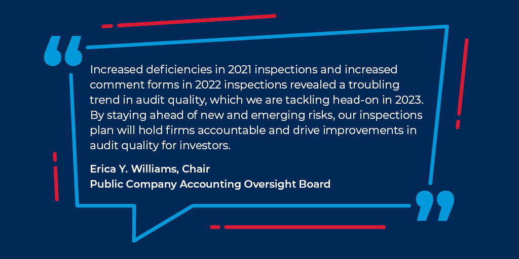 PCAOB_News's tweet photo. Report: In 2023, the PCAOB’s inspections will prioritize audit risks related to fraud, the financial services sector, crypto and more. https://t.co/TTYRUZr38d #PCAOBresources https://t.co/L552fV2aVv