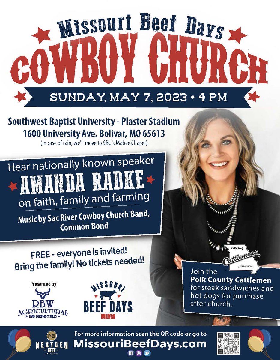 MObeefdays's tweet photo. Faith, family, and Farming...come hear Amanda Radke Sunday May 7th at Plaster Stadium during this year's Missouri Beef Days Cowboy Church!!

Enjoy a steak sandwich or hotdog available for purchase immediately following the service.
#midwestfamilyfun #steerourway #mobeefdays https://t.co/5HyY0vEsab