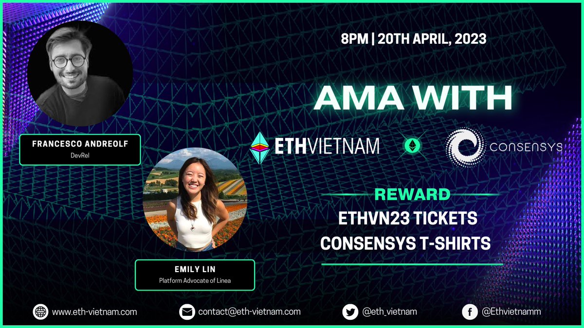 eth_vietnam's tweet photo. 🌟 AMA ETH Vietnam x @ConsenSys 🌟

📍 We are delighted to organize the very first Interview of ETH Vietnam with partners in the Web3 world. 

⏰ Date &amp; time: 20th April at 8 PM

✨ Topic: Building secure and scalable Web3 apps with Infura, Metamask and Linea” https://t.co/gyEVXsCAMU