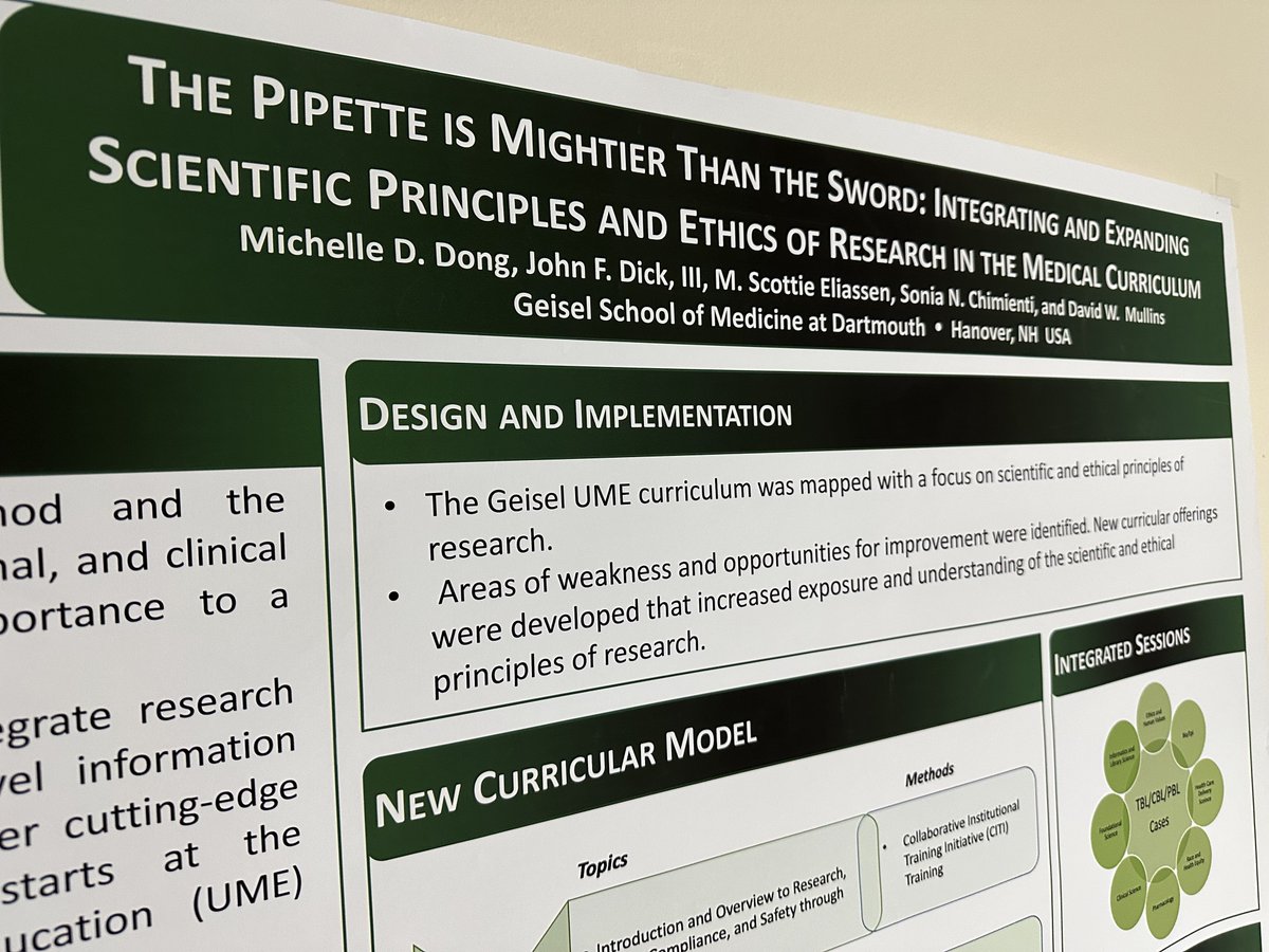 Enhancing Scientific Research Principles and Ethics training in our integrated UME curriculum... Congrats to @GeiselMed student Michelle Dong for her outstanding curricular CQI work that was presented @TheNEGEA #negea23