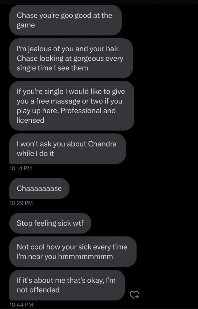 ManaCurves's tweet photo. I want to share this with y’all to show y’all what it’s like to be a femme presenting person in the Magic space. 

I got these messages while at the event this weekend and assumed the person was there by the wording (in hindsight they probably weren’t).

This is terrifying. https://t.co/Fceh3cLlMN