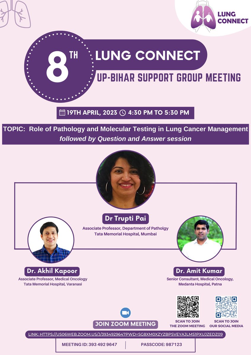 Lung Cancer 8th UP-BIHAR Support group meeting.
TOPIC: Role of Pathology and Molecular Testing in Lung Cancer Management.

#lungconnect #molecular #moleculartesting #cancer #lungcancer #lungcancerawareness #lungcancersurvivor #pathology
@dramitpmc @Sanjeev_33 @R2SurviveCancer