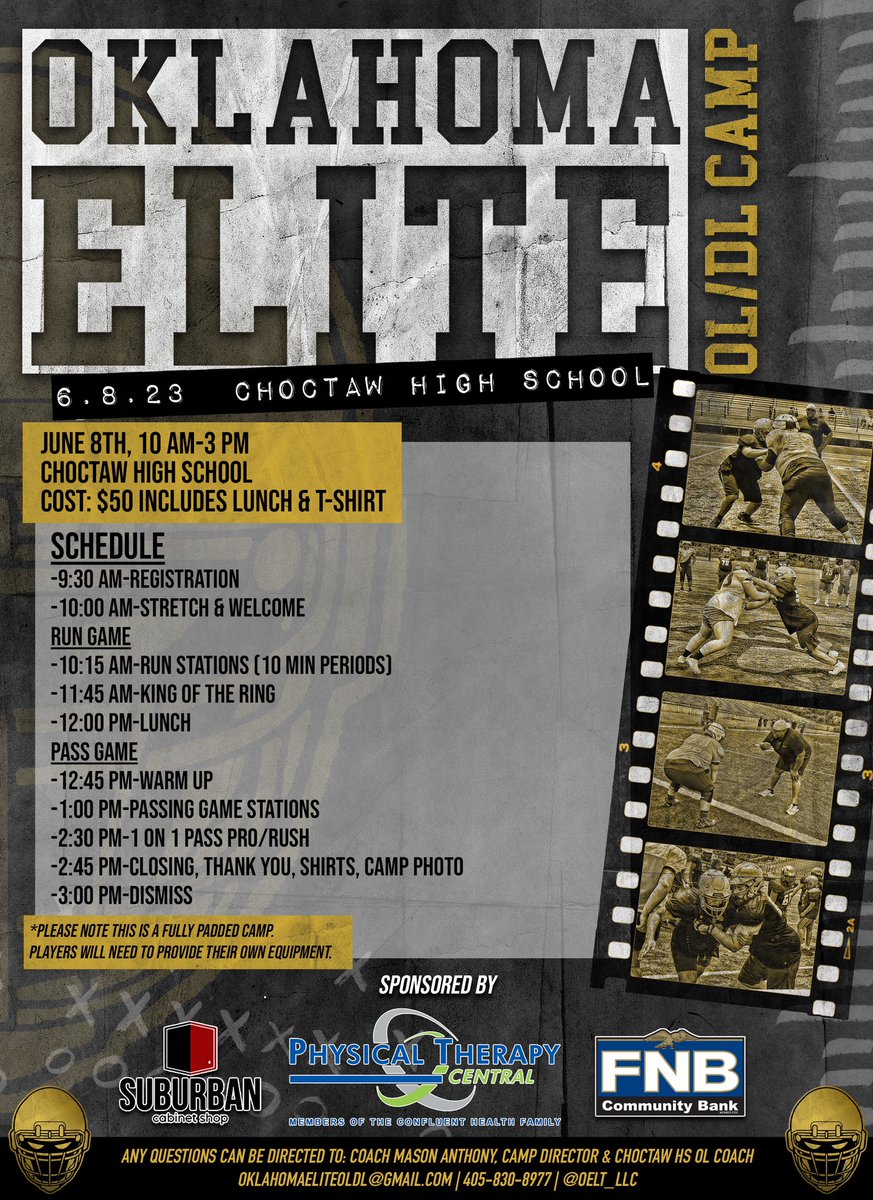 OKEliteOLDL's tweet photo. 📢‼️52 DAYS‼️
7th-12th grade OL/DL! Come get better at the 2nd Annual Oklahoma Elite OL/DL Camp!

🗓️ June 8, 2023

⏰ 10am-3pm

📍Choctaw HS, Choctaw, OK

💻 Individual sign up: https://t.co/LK2bI4suiQ

🧢 Coaches contact: oklahomaeliteoldl@gmail.com for team sign ups https://t.co/8ZRuo4YZsu