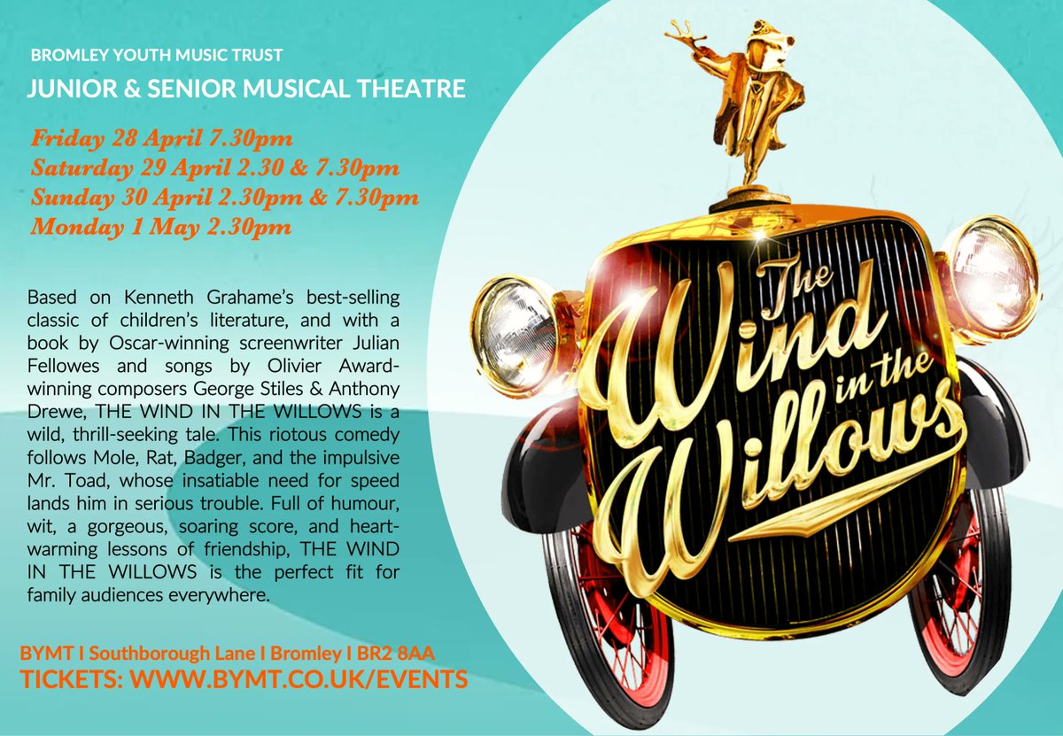 Just over a week until our amazing Junior &amp; Senior Musical Theatre groups perform the funny, warm comedy WIND IN THE WILLOWS. Suitable for the whole family. Tickets available via bymt.co.uk/events
