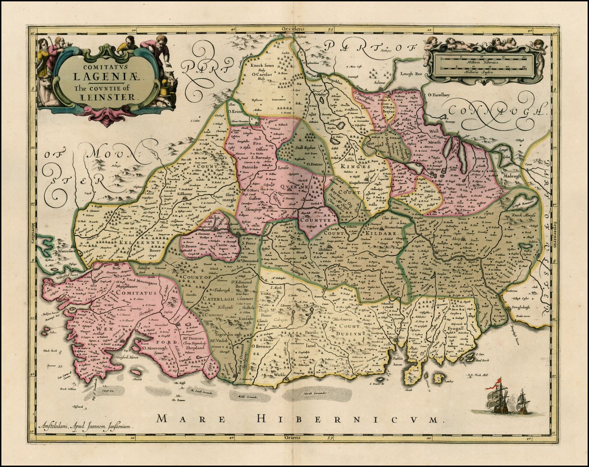 This week’s #MondayMapperyfeatures Jan Jansson’s ‘Comitatus Lageniae - The Countie of Leinster’ published in Amsterdam in 1670.

Have a look at the county boundaries and spot the missing county and the now lost county.

This map appears courtesy of <a href="/BarryRuderman/">Raremaps.com</a>