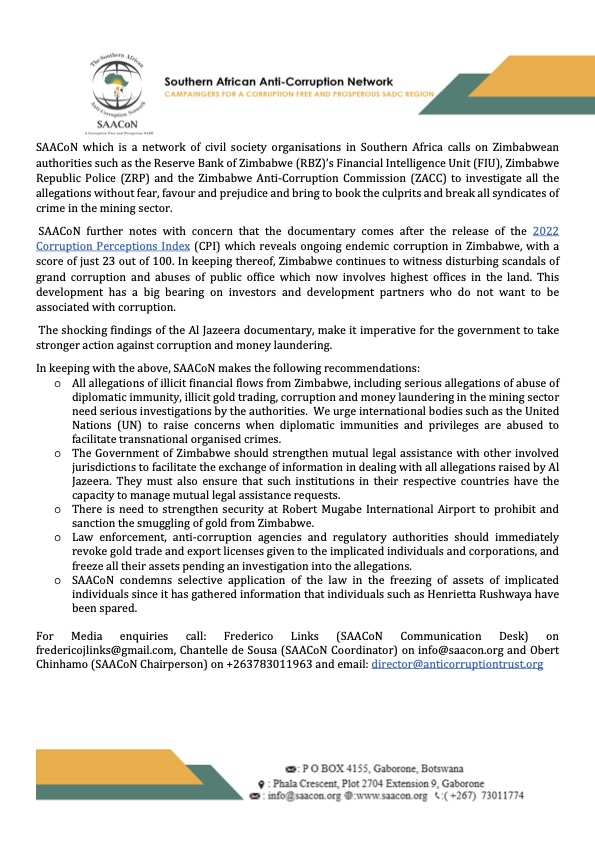 SAACoNetwork's tweet photo. SAACoN is highly concerned by the revelations from the @AJENews story on gold smuggling and corruption in #Zimbabwe.  Our statement below. https://t.co/l5mBZ6XyyN