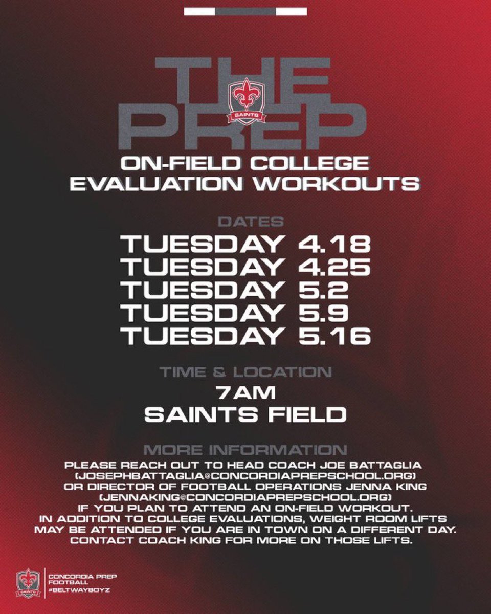 1st eval tomorrow morning! We have prospects for every level of college football. This is for college coaches only. ⚜️ On-field evaluation workouts 📅 Tuesdays 🕖 7am 🏟️ Saints Field 📍 Concordia Preparatory School See graphic for more details. #BeltwayBoyz⚜️