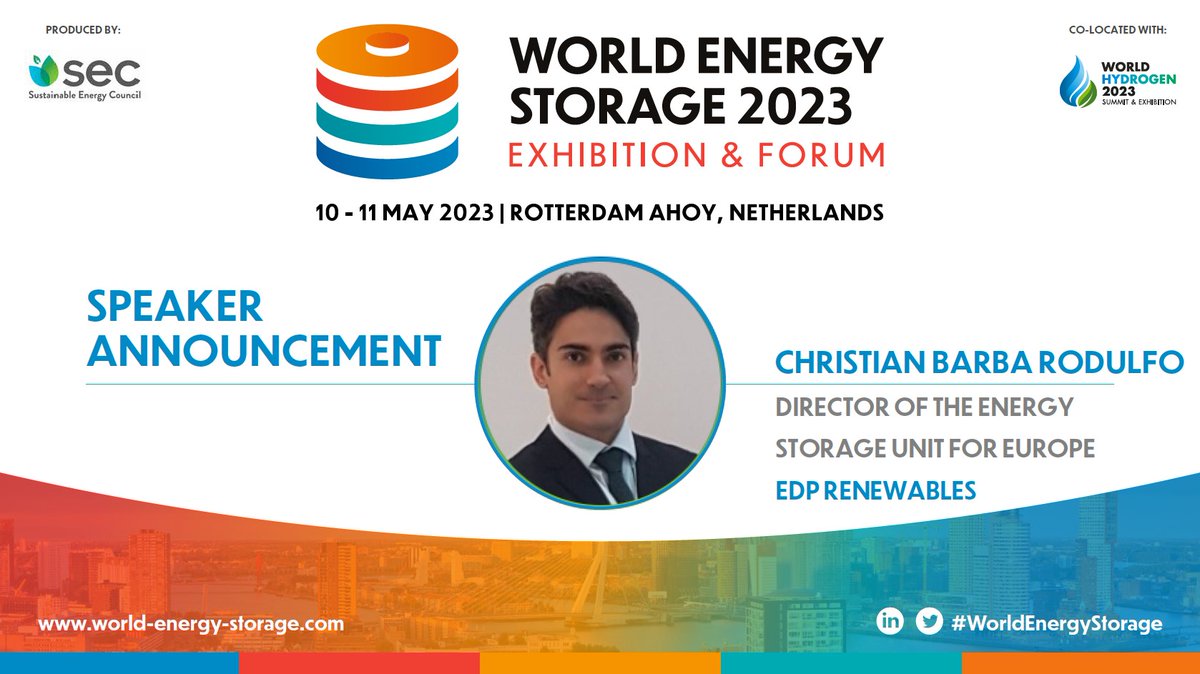 SEC World Energy Storage (@storage_sec) on Twitter photo We are pleased to announce Christian Barba Rodulfo, Director of the Energy Storage Unit for Europe <a href="/EdpRenewables/">EDP Renewables</a> will be at #WorldEnergyStorage speaking at Session 1 on 10 May.
✅Free Ticket: bit.ly/3YaMbQp
📙Programme: bit.ly/3Iz1pch We are pleased to announce Christian Barba Rodulfo, Director of the Energy Storage Unit for Europe <a href="/EdpRenewables/">EDP Renewables</a> will be at #WorldEnergyStorage speaking at Session 1 on 10 May.
✅Free Ticket: bit.ly/3YaMbQp
📙Programme: bit.ly/3Iz1pch