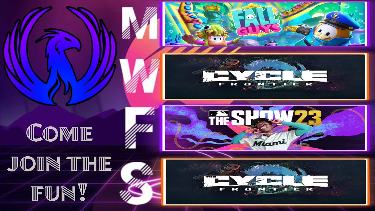 Schedule for the week! Join us tonight for some Fall Guys with the Birthday Boy <a href="/TheReyBashon/">Rey Bashonhausen</a>, then back to foaming fools twice this week, and some MLB to kick off the weekend! All streams start 8:30pm EST at twitch.tv/phoenix_downga… 

#twitch #MLBTheShow  #fallguys <a href="/TheCycleGame/">The Cycle: Frontier</a>