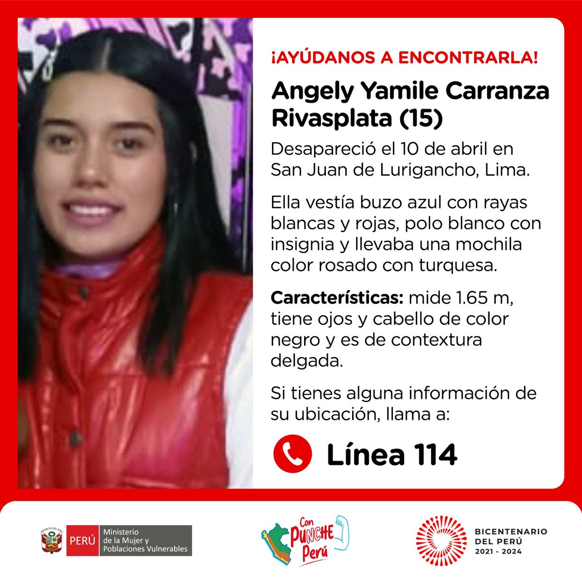 MimpPeru's tweet photo. 🚨 Angely Yamile Carranza Rivasplata (15) desapareció el 10 de abril en San Juan de Lurigancho, Lima. Vestía buzo azul con rayas y polo blanco. Mide 1.65 m, tiene ojos y cabello de color negro. Si tienes alguna información de su ubicación, llama a la ☎️ #Línea114. https://t.co/roi7yP0d6o