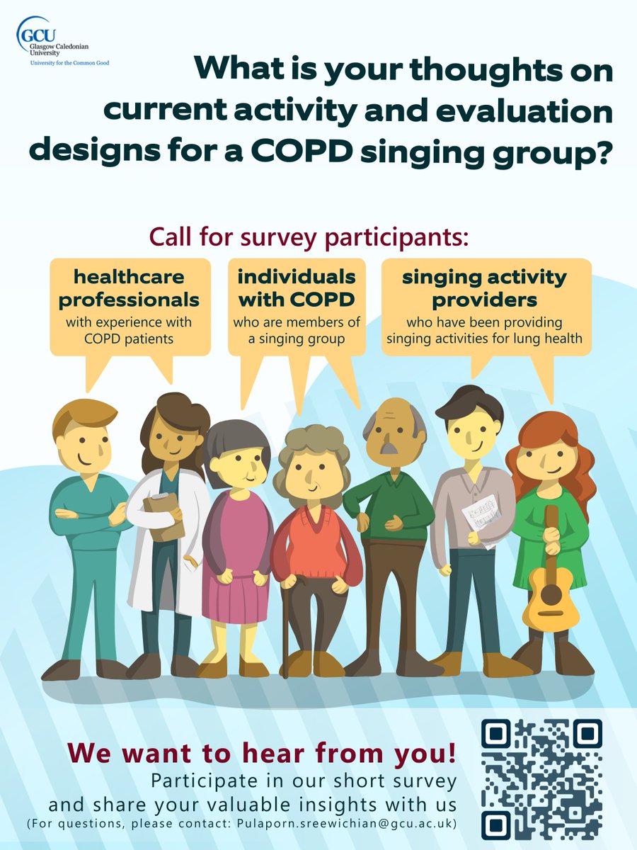 If you are... 
❇️a #HealthProfessional with experience with COPD patients 
❇️a provider of singing activities for #LungHealth
❇️a #COPD member of a singing group    

We’d like to know your thoughts on the current #SingingForBreathing 🎶

Join our survey
👉redcap.link/SingingCOPD
