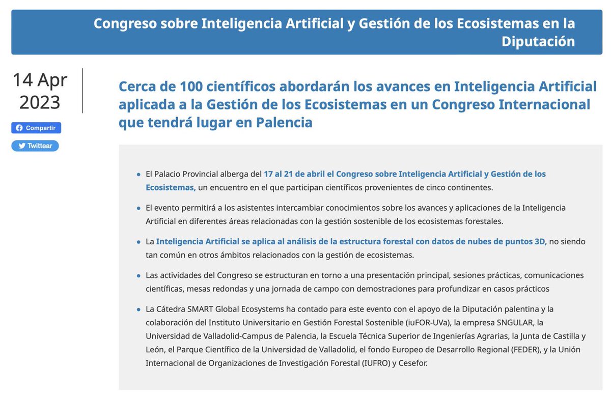 juantomas's tweet image. 🟢 La Cátedra #SMARTGlobalEcosystems ha contado para este evento con el apoyo de la @diputacionPalen  y la colaboración de @YoungForesters @SNGULAR @UVaPalencia @ETSIIAAPalencia @jcyl @PC_UVa, el fondo Europeo de Desarrollo Regional (FEDER), @IUFRO  y @FCesefor