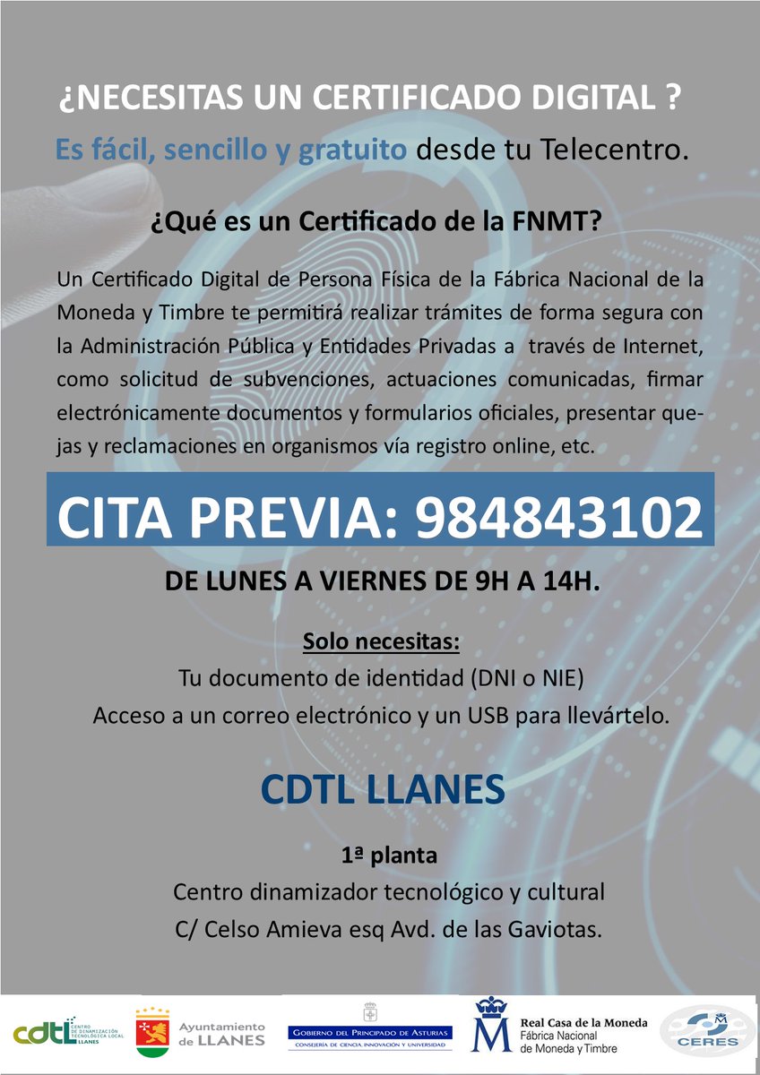 OBTÉN TU CERTIFICADO DIGITAL DE LA FNMT
👉Pide tu cita
📌 CDTL (Telecentro ) de Llanes.
📞 984843102
📆De lunes a viernes de 9 a 2.
CERES fnmt #certificado #fnmt #certificadodigital