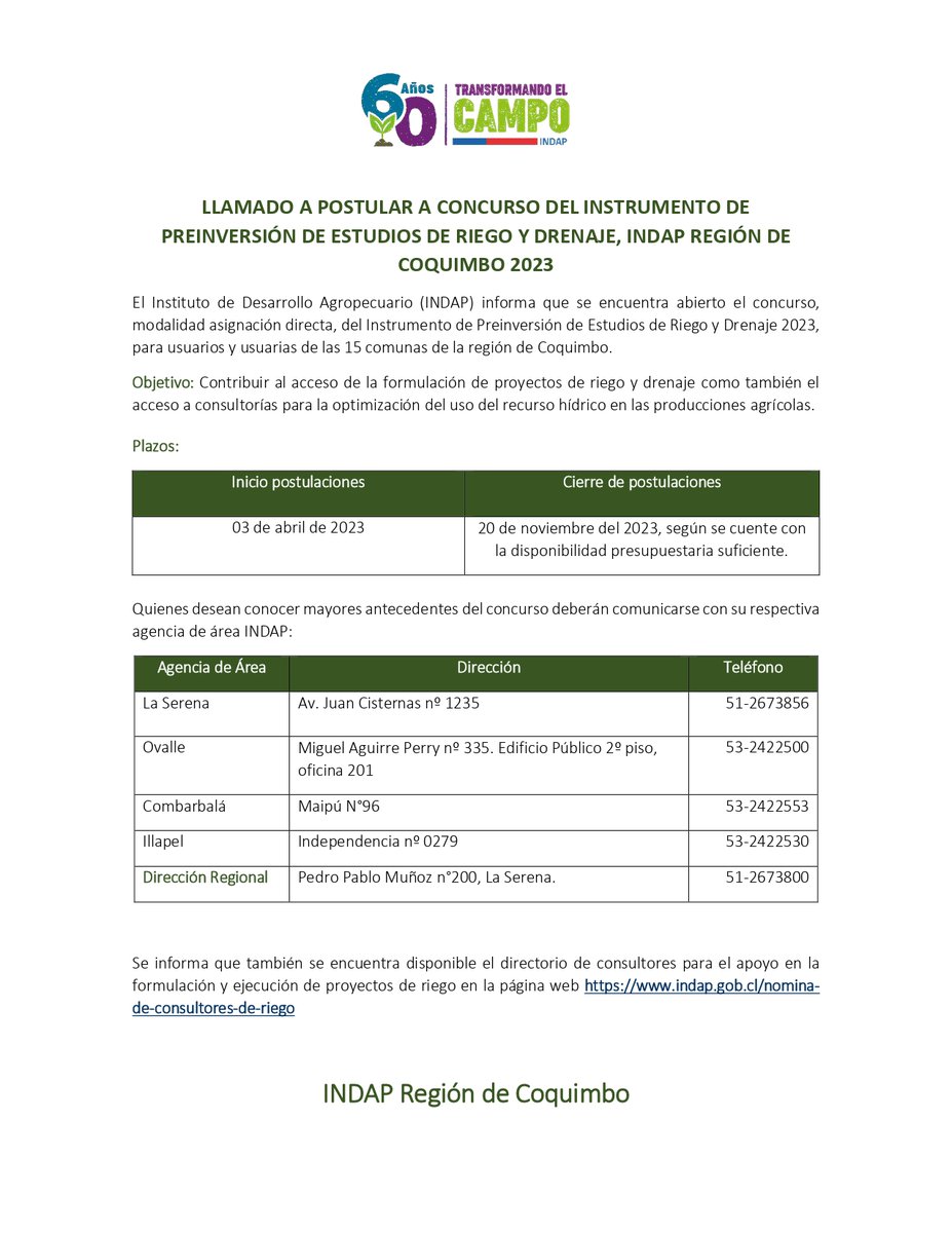 📢Pon atención si eres 🧑‍🌾👩‍🌾<a href="/Indap_coquimbo/">INDAP COQUIMBO</a> y deseas formular proyectos de riego y drenaje o acceder a consultorías para optimizar el uso del agua💧

Ya se encuentran abiertas las postulaciones para el Instrumento de Preinversión de Estudios de Riego y Drenaje 2⃣0⃣2⃣3⃣

➕Info👇