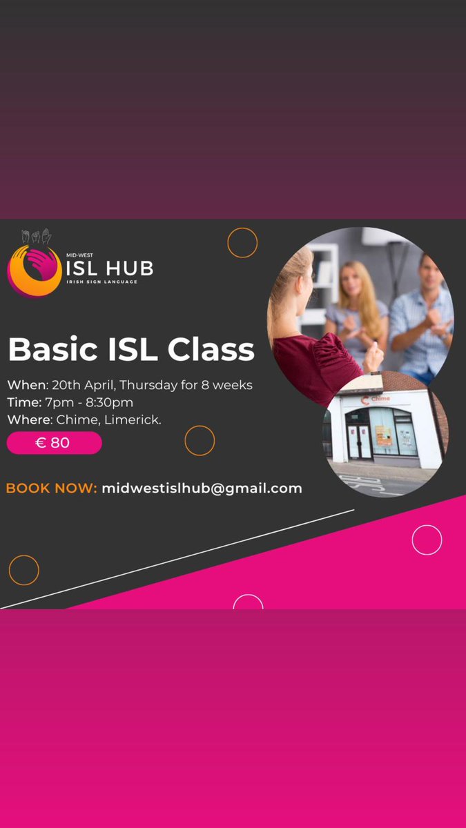Mid-West ISL Hub (@islmid) on Twitter photo There are still places left on our 8 week course starting Thursday 20th! Email now to book your place if you want to learn basic #IrishSignLanguage 🤟🏻 <a href="/IrishDeafSoc/">Irish Deaf Society</a> <a href="/studies_centre/">Centre for Deaf Studies</a> <a href="/ChimeFor/">National Charity for Deaf & Hard of Hearing People</a> There are still places left on our 8 week course starting Thursday 20th! Email now to book your place if you want to learn basic #IrishSignLanguage 🤟🏻 <a href="/IrishDeafSoc/">Irish Deaf Society</a> <a href="/studies_centre/">Centre for Deaf Studies</a> <a href="/ChimeFor/">National Charity for Deaf & Hard of Hearing People</a>