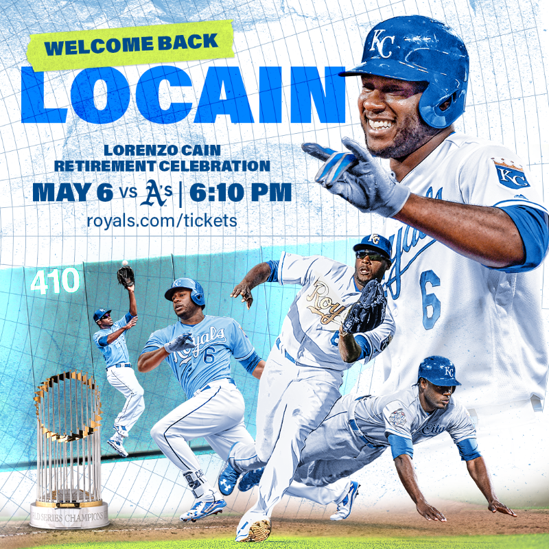 Royals's tweet photo. LoCain comes home one last time! Head to the ballpark on Saturday, May 6, for a special retirement celebration honoring the World Series champ before first pitch at 6:10 pm.