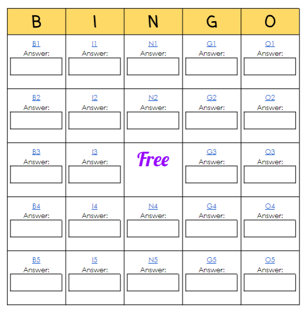 v_berkowitz's tweet photo. APCSP learners practice for the AP exam through BINGO! Each Bingo box hyperlinks to the question where learners show their work, and then write the correct answers in the Answer box in the Bingo Board! @mineolahs #Gamification #LearnerChoice #MineolaProud https://t.co/VbnhrrOKLJ