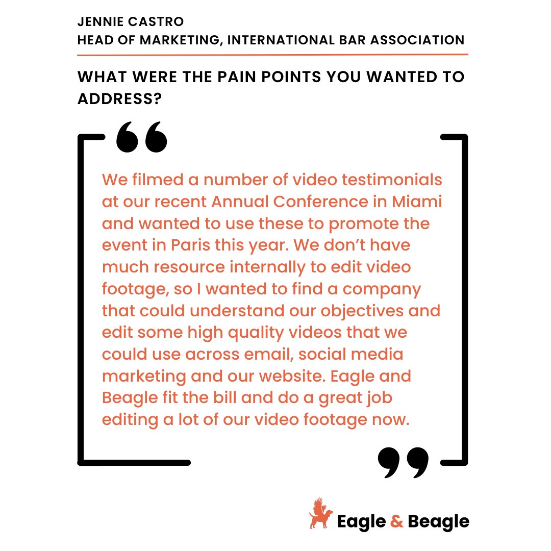 eagleandbeagle's tweet photo. We recently completed an editing project for the International Bar Association, and Jennie (Head of Marketing) was kind enough to send over a testimonial!

It's always brilliant to read such positive comments. Well done team!

#testimonial #videomarketing #videostrategy #review https://t.co/14I8nryMzv