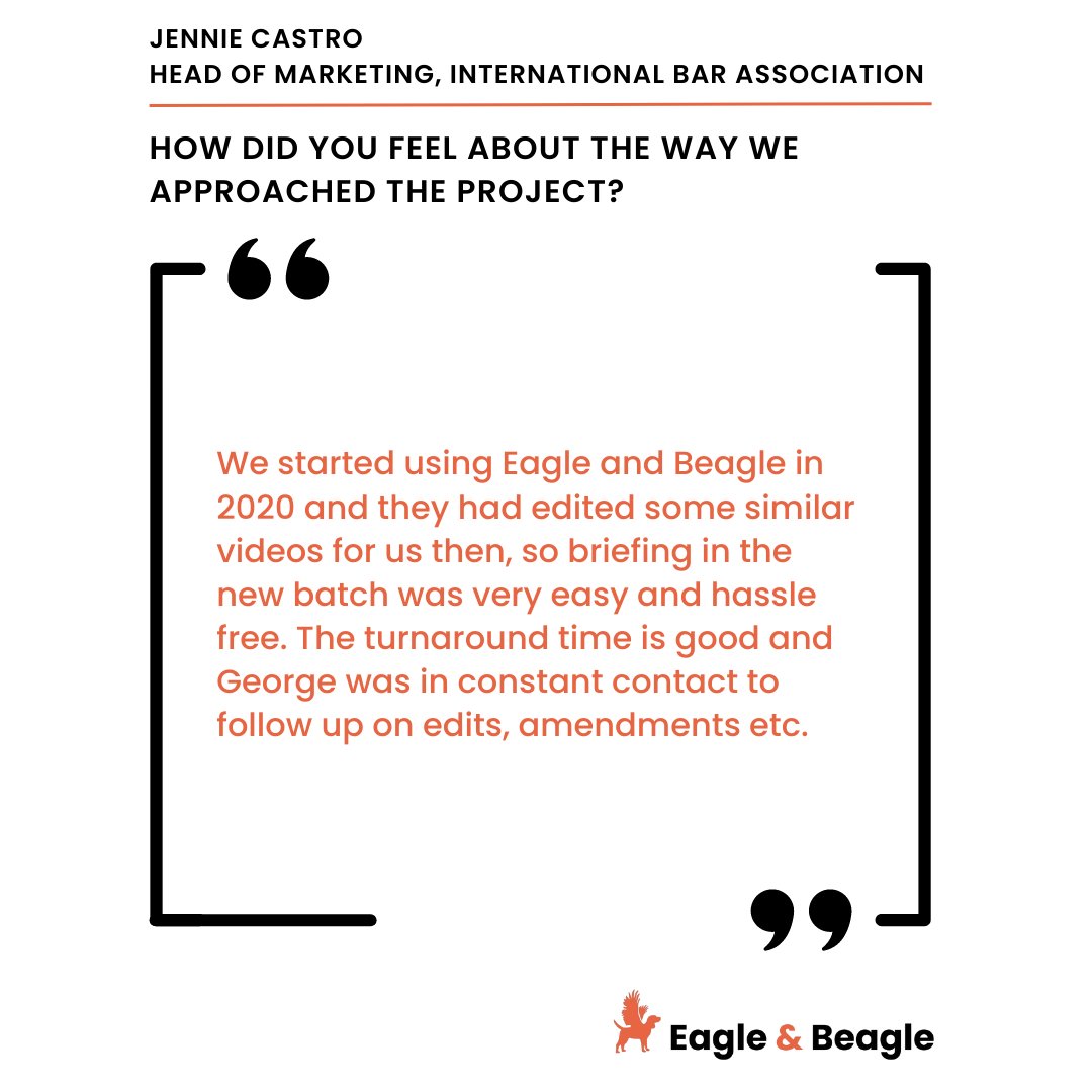 eagleandbeagle's tweet photo. We recently completed an editing project for the International Bar Association, and Jennie (Head of Marketing) was kind enough to send over a testimonial!

It's always brilliant to read such positive comments. Well done team!

#testimonial #videomarketing #videostrategy #review https://t.co/14I8nryMzv