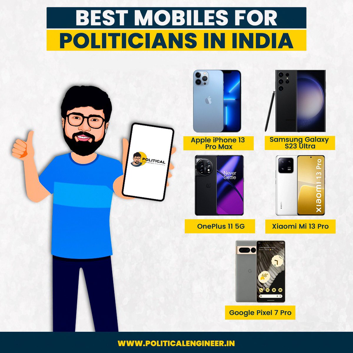 Political_Er's tweet photo. Dear Politician, 

Checkout the best Mobiles for your daily Usage 👆- #PoliticalEngineer 

Article link: https://t.co/LHMCmeT1QA https://t.co/LkE7oX5p5l