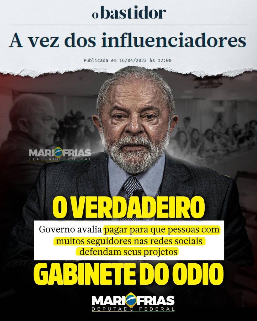 mfriasoficial's tweet photo. Mesmo com apoio orgânico e sem utilização de dinheiro público, os apoiadores do Presidente Bolsonaro foram chamados de gabinete do ódio e milícia digital. Muitos foram investigados, tiveram suas vidas expostas, perderam suas redes sociais por conta de um inquérito ilegal.

O verdadeiro gabinete do ódio está sendo institucionalizado no governo do PT e está tudo bem.