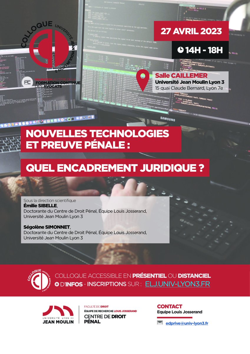 📅RDV le 27/04 prochain pour le colloque "Nouvelles technologies et preuve pénale : quel encadrement juridique" organisé sous la direction  scientifique de Ségolène Simonnet et Emilie Sibelle, doctorantes du Centre de Droit Pénal.

✒ Inscriptions sur : lnkd.in/ewRr3BD8