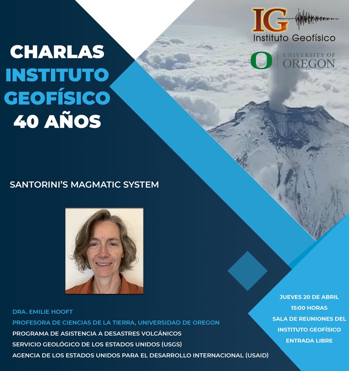 #ComunidadIG Invitamos a la comunidad a las charlas que se brindarán en la Sala de Reuniones del IG-EPN por parte de la Dra. Stephanie Prejean y la Dra. Emilie Hooft, los días 18 y 20 de abril, respectivamente.