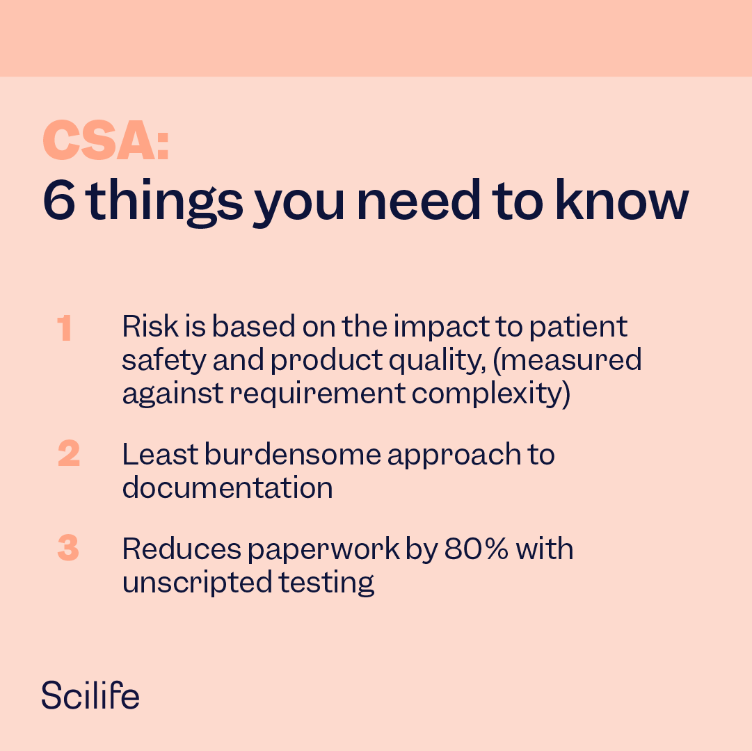 ScilifePlatform's tweet image. The #FDA has a new approach. Out with the old Computer Software Validation (CSV) and in with the new #ComputerSoftwareAssurance (CSA).  Is your #LifeScience organization up-to-date with #CSA? Check out what you need to know 🔎