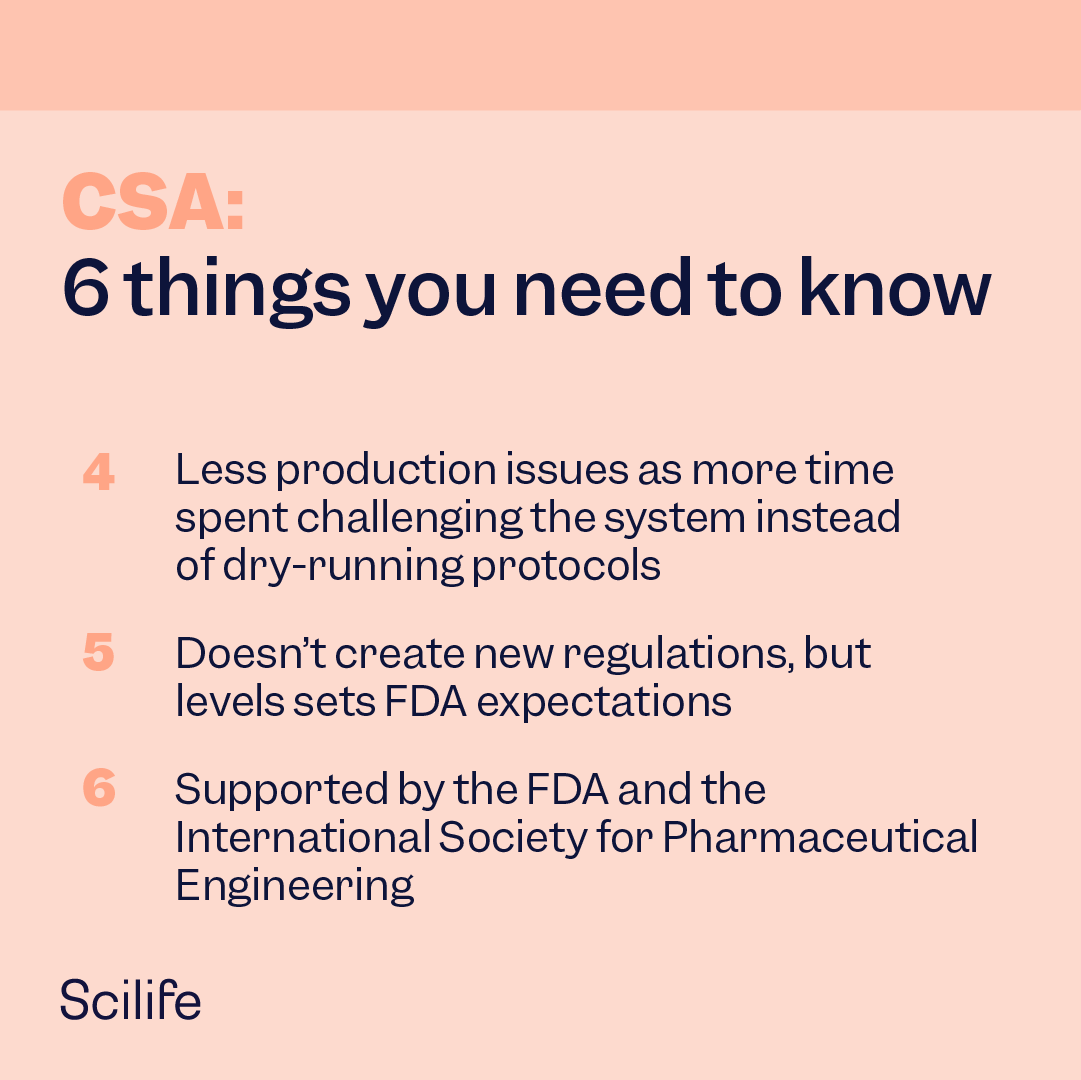 ScilifePlatform's tweet image. The #FDA has a new approach. Out with the old Computer Software Validation (CSV) and in with the new #ComputerSoftwareAssurance (CSA).  Is your #LifeScience organization up-to-date with #CSA? Check out what you need to know 🔎