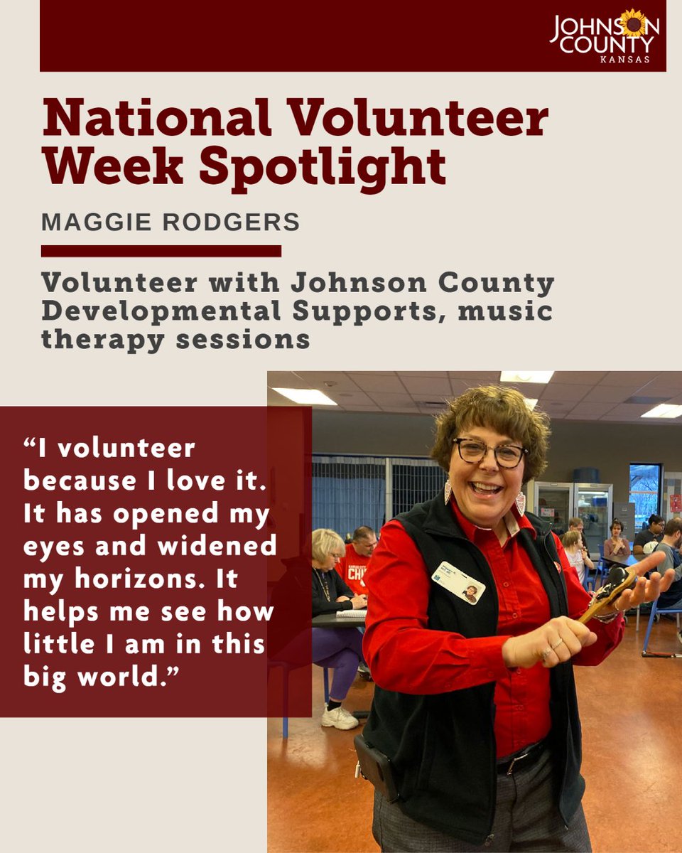 jocogov's tweet photo. It's #NationalVolunteerWeek! 

If you happen to walk into the @jocojcds Elmore Center on the first Friday of the month, you will hear the joyful singing, clapping, dancing and expressions of happiness from those participating in Maggie Rodgers’ music therapy sessions. 🎼🎤🎹 https://t.co/pWWNp2URMk