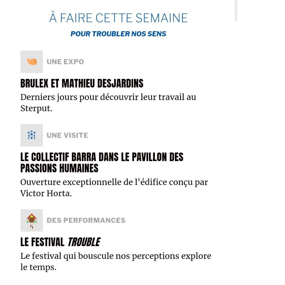 La_Pointe_Tweet's tweet photo. Cette semaine, pour troubler nos sens, on va voir une #expo @Le_Sterput , on fait une visite @Belgium2030 #barramovement et on va assister à des #performances au festival #trouble12 #studiothor -> retrouvez nos #recommandations en page d'accueil de https://t.co/YxSd4c90HH https://t.co/IuV3Vc1XZm
