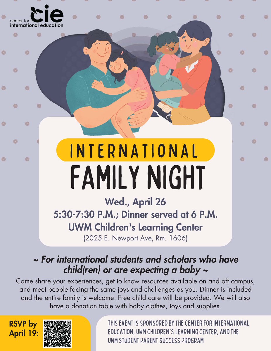 Come to an event for international students and scholars who have child(ren) or are expecting a baby. Share your experiences, get to know resources available on and off campus, and meet people facing the same joys and challenges as you! Dinner and childcare provided.