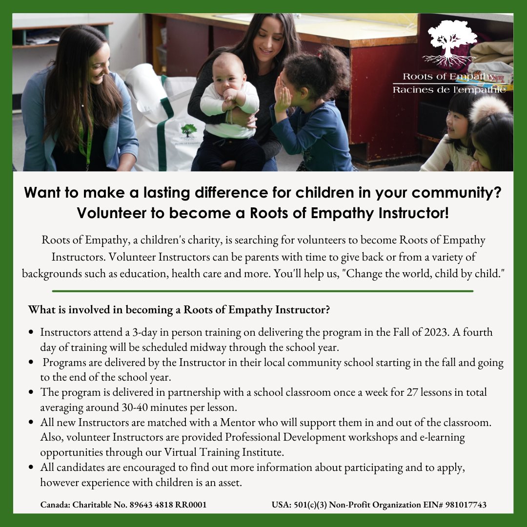 RootsofEmpathy's tweet photo. Happy #VolunteerWeek!
We are looking for #Instructors for the 2023/24 school year!

Instructors can be community members from a variety of backgrounds. You'll help us "Change the world, child by child."

➡️ https://t.co/bbM9i1J9jz

#NVW2023 #NationalVolunteerWeek #Volunteer https://t.co/YrqS8UaEeS