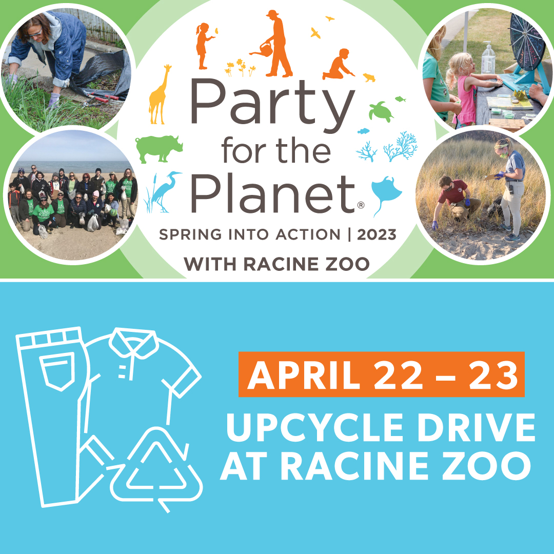 RacineZoo's tweet photo. ♻️This weekend, 4/22 – 4/23, is our Upcycle Drive from 10am – 4pm! We've partnered with Milwaukee Textile Recycling to collect shirts, pants, jackets, shoes, blankets, towels, &amp; more to be donated &amp; recycled at drop-off bins during the day at the Zoo.

 🌎https://t.co/f10WuTT0zQ https://t.co/wAZ6gl7v67