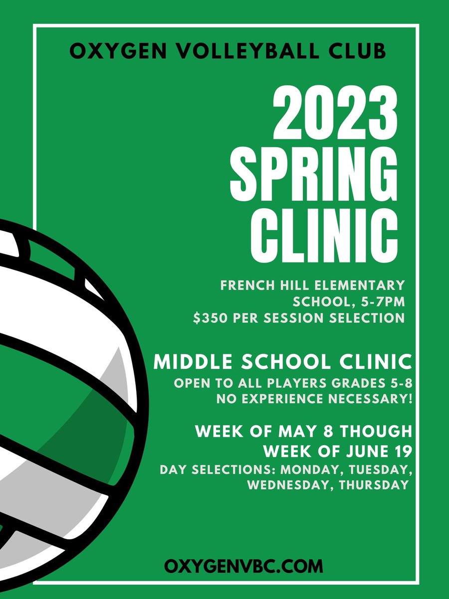 Oxygenvbc's tweet photo. 2023 Spring clinic is 3 weeks away! Register now!!🟢🏐
Open to all players grades 5 - 8. No experience necessary! All sessions are run by multiple Oxygen travel coaches, allowing for more personalized drills and practices. https://t.co/s3STXY5MCM https://t.co/N84sqECpcK
