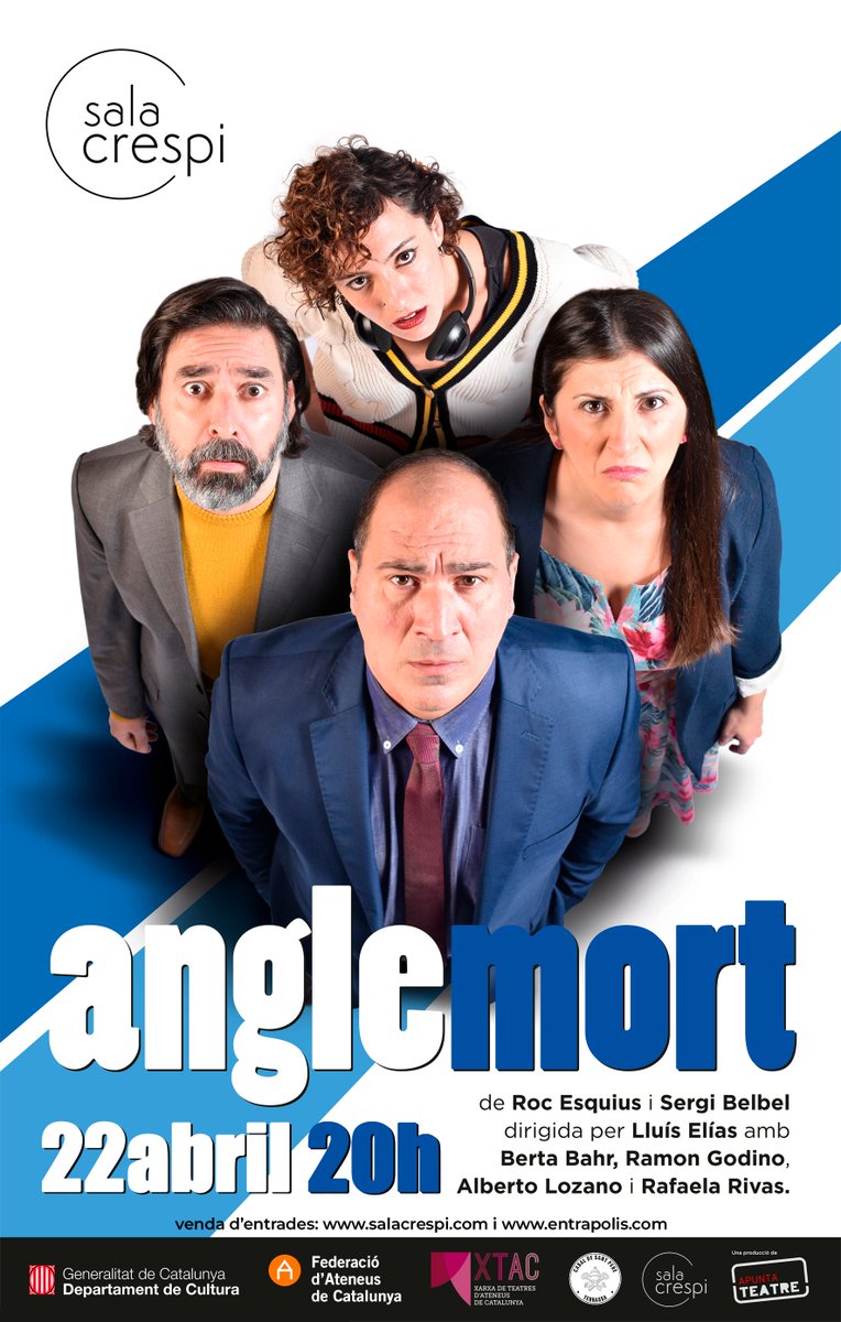 🎭 Aquest dissabte 22 a les 20h  a la <a href="/SalaCrespi/">SalaCrespi</a> de #Terrassa arriba l'obra "Angle Mort" de Roc Esquius i Sergi Belbel, d'Apunta Teatre

📍 Una comèdia innèdita i pròpia d'aquesta companyia.  Estrenada a la <a href="/salaversus_gl/">Sala Versus Glòries</a> i de gira gràcies a la Federació d'Ateneus de Catalunya