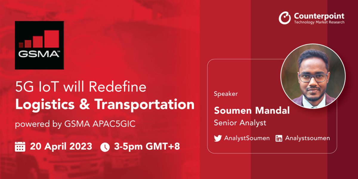 <a href="/Qualcomm/">Qualcomm</a> <a href="/CounterPointTR/">Counterpoint Research</a> <a href="/VW/">Volkswagen</a> <a href="/ToyotaMotorCorp/">Toyota Motor Corp.</a> <a href="/GM/">General Motors</a> <a href="/Stellantis/">Stellantis</a> <a href="/Hyundai_Global/">Hyundai Worldwide</a> <a href="/BMWGroup/">BMW Group</a> <a href="/neiltwitz/">Neil Shah</a> <a href="/IgnacioTechie/">Ignacio Contreras #TeamQualcomm</a> <a href="/nandinisgTOI/">Nandini Sen Gupta</a> <a href="/Reporter_indian/">Atul Yadav</a> <a href="/SergiusBarretto/">Sergius Barretto 🇮🇳</a> <a href="/Enviro_Dad/">Eric Novak</a> <a href="/manav_sinha/">Manav Sinha</a> <a href="/lparas69/">prashant singh</a> <a href="/DannyDcruze1/">Danny D'cruze</a> <a href="/itriangleindia/">iTriangle Infotech</a> <a href="/teltonika/">Teltonika</a> <a href="/BoschGlobal/">BoschGlobal</a> <a href="/Tarunpathak/">Tarun Pathak</a> <a href="/Unomindacom/">UNO MINDA</a> <a href="/Atlanta_systems/">Atlanta Systems</a> <a href="/LGIndia/">LG India</a> <a href="/BlackBox_GPS/">BlackBox GPS Technology</a> <a href="/rosmertatech/">RosmertaTechnologies</a> <a href="/rekhaonline/">rekha sharma</a> <a href="/MORTHIndia/">MORTHINDIA</a> <a href="/abhik_d_analyst/">Abhik Mukherjee</a> <a href="/AyushBh08280682/">Ayush Bhardwaj</a> <a href="/faddy0015/">Fahad</a> <a href="/MohitOpinion/">Mohit Agrawal</a> <a href="/Inquisitiveme17/">Mohit Sharma</a> <a href="/akgupta_10/">Abhilash Gupta, PhD</a> <a href="/PrachirSingh/">Prachir Singh</a> <a href="/GadgetFreak4U/">Ritesh Bendre</a> <a href="/ChawlaArushi/">Arushi Chawla</a> <a href="/anshikajain41/">Anshika Jain</a> <a href="/ETAuto/">ET Auto</a> <a href="/ians_india/">IANS</a> <a href="/HindustanTimes/">Hindustan Times</a> <a href="/the_hindu/">The Hindu</a> <a href="/ABPNews/">ABP News</a> <a href="/news18dotcom/">News18.com</a> <a href="/IndiaToday/">IndiaToday</a> <a href="/ndtv/">NDTV</a> <a href="/republic/">Republic</a> <a href="/BMWUSA/">BMW USA</a> <a href="/MercedesBenzUSA/">Mercedes-Benz USAㅤ</a> <a href="/telematicswire/">Telematics Wire</a> 📢I will speak in an upcoming virtual #workshop ‘#5G #IoT Will Redefine #Logistics &amp; Transportation’ powered by #GSMA and APAC 5G #Industry Community.

⏩Date: Thursday, April 20, 2023 
⏩Time: 3PM – 5PM (Singapore time, GMT+8)
⏩For more details: counterpointresearch.com/webinar-5g-iot…

#EVENT