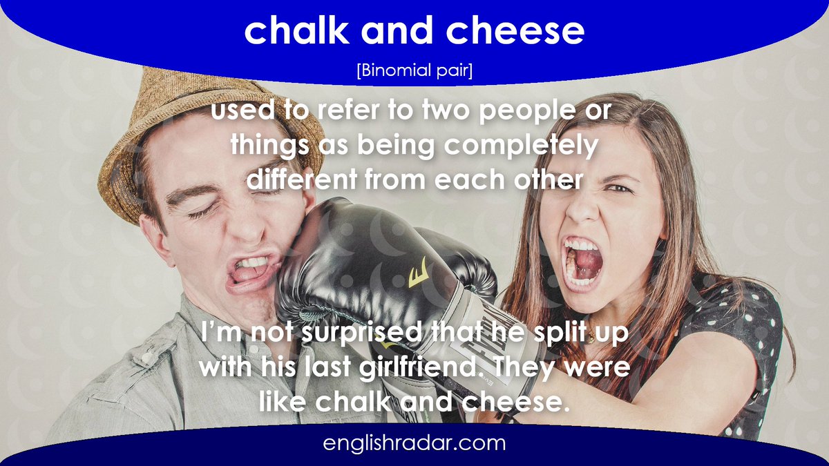 EnglishRadar's tweet photo. Do you know this expression? 🤔
➡️ chalk and cheese
Try to write a sentence with it in the comments.
#LearnEnglish #binomialexpressions #binomialpair #speaking #fluency #chalkandcheese
Learn more binomial expressions to improve fluency!
https://t.co/ZuQnJ6kDJU https://t.co/egNZ4beN0x