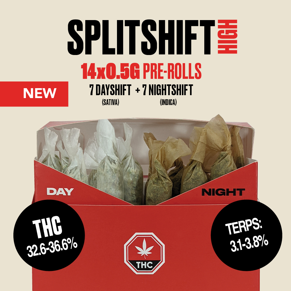 Introducing Splitshift High multipacks - now with even higher THC (32.6-36.6) and Terpenes (3.1-3.8%). 🔥Now in Ontario and BC.  ⏰  7xDAYSHIFT &amp; 7xNIGHTSHIFT Splitshift has got you covered with good flower, whatever the hour. 🌄🌃  #420 #Splitshifthigh #dayshift #nightshift