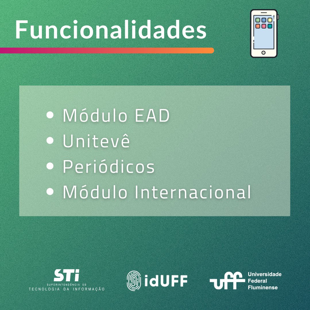 iduff's tweet photo. 🚨VEJA: A UFF na palma da sua mão!
O app UFF Mobile Plus é indispensável para sua trajetória acadêmica. Olha quantas funcionalidades ele possui: https://t.co/LuKiElUStA