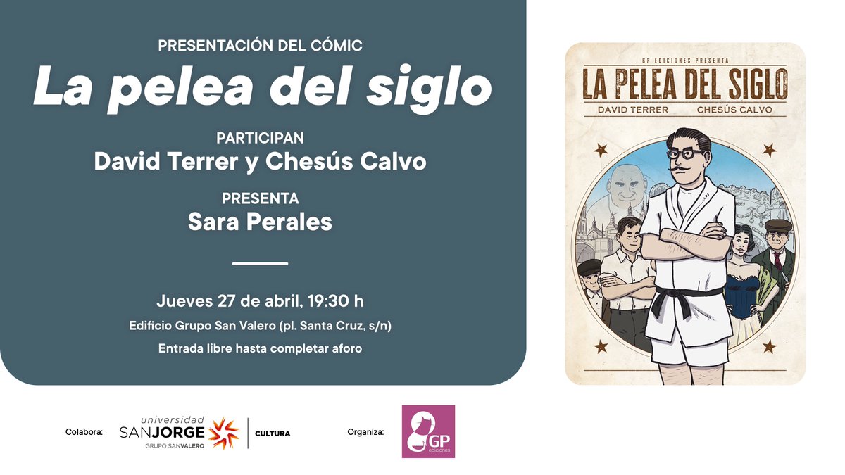 🥊 Presentación del cómic "La pelea del siglo" de <a href="/c_chesus/">Chesus Calvo</a> y David Terrer. 

🔴Presentado por Sara Perales.
🔴 Organiza: @GPediciones.
🔴 Colabora: <a href="/CulturaUsj/">Cultura USJ</a>. 

🗓️ 27 de abril, 19:30h. 
📍Edificio Grupo San Valero. 

👉 usj.es/blogs/universi…