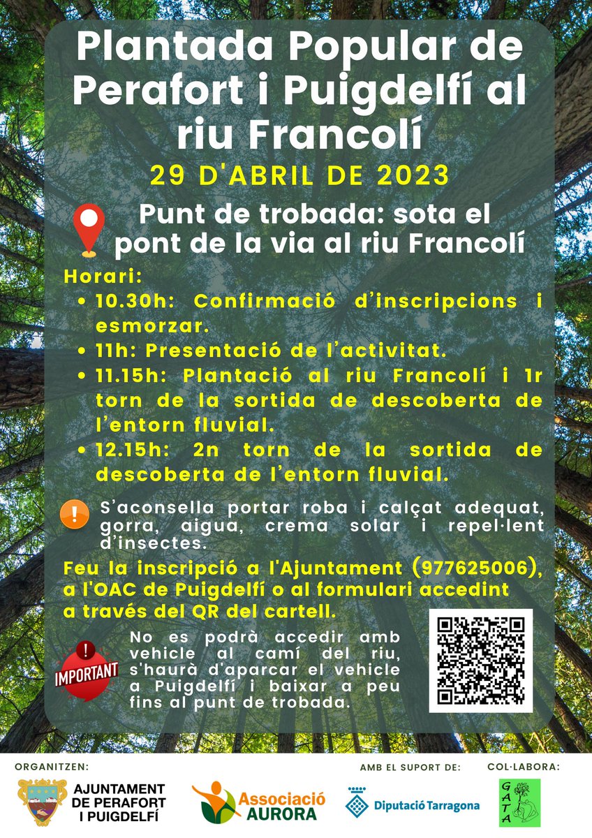 auroracet's tweet image. 🌳 Ja tenim cartell amb tota la informació de la Plantada Popular que organitzem amb l'ajuntament de #Perafort i #Puigdelfí al #Francolí amb el suport de @Dipta_cat i col•laboració del #GATA. 
T’hi esperem! 

📝Inscripció: bit.ly/3mD7Fsn

#DiptaSuma #MésSostenibilitat