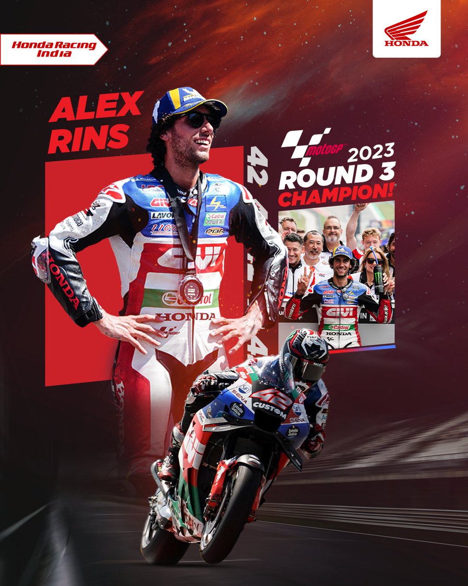HondaRacingIND's tweet photo. The celebration is all around! Join us as we congratulate @alexrins for his victory at the Round 3 of the 2023 championship at the Circuit of the Americas!

#MotoGP #Honda #HondaRacing #HondaRacingCorporation #HRC #MotoGP2023 https://t.co/tpilit8Fhw