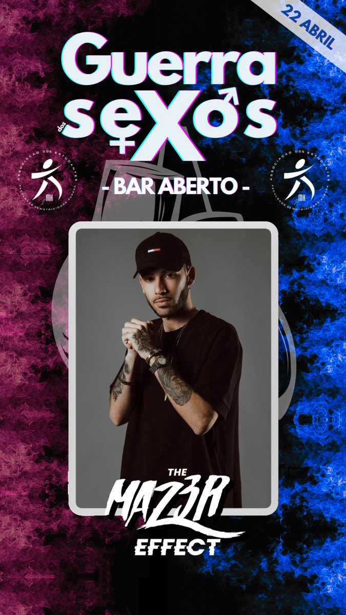 Fechamos este cartaz incrível com um dos melhores dj’s da atualidade, o Maz3r vem preparado para rebentar com a guerra. 🪖

Serás capaz de aguentar um Maz3r depois de um bar aberto de 3 horas?🍻

PS: Quem vai à Guerra, Dá e Leva 🥊