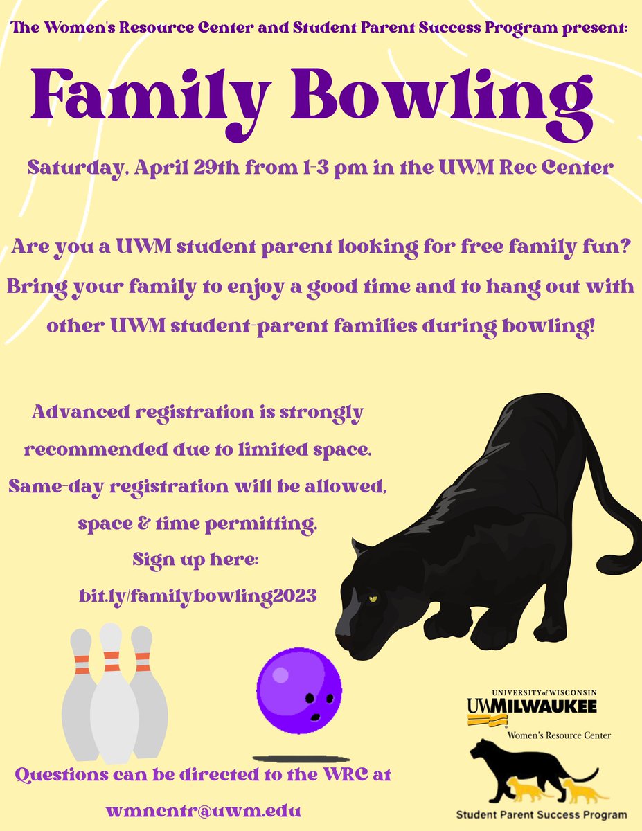 UWMDOS's tweet photo. Families are invited to join the Women's Resource Center and the Student Parent Success Program for an afternoon of free family bowling, in the Union Rece Center! Lunch &amp; drinks provided. RSVP here: https://t.co/wo677pWfo1 https://t.co/AJALsl7K2h
