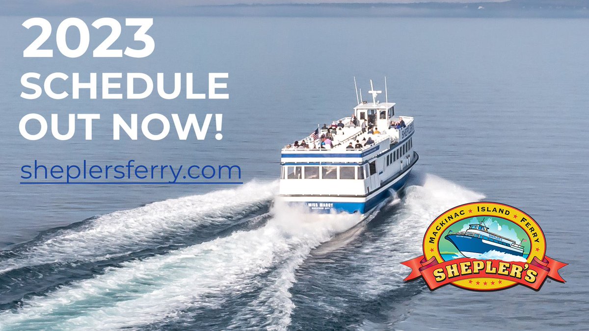 sheplersferry's tweet photo. Planning an upcoming trip to Mackinac Island?
View our 2023 ferry schedule and find your ferry ride today at https://t.co/DYbPLylVal.
.
.
.
.
#RideSheplers #sheplersferry #mackinacisland #northernmi #ferryschedule https://t.co/45tFn0Nv3U
