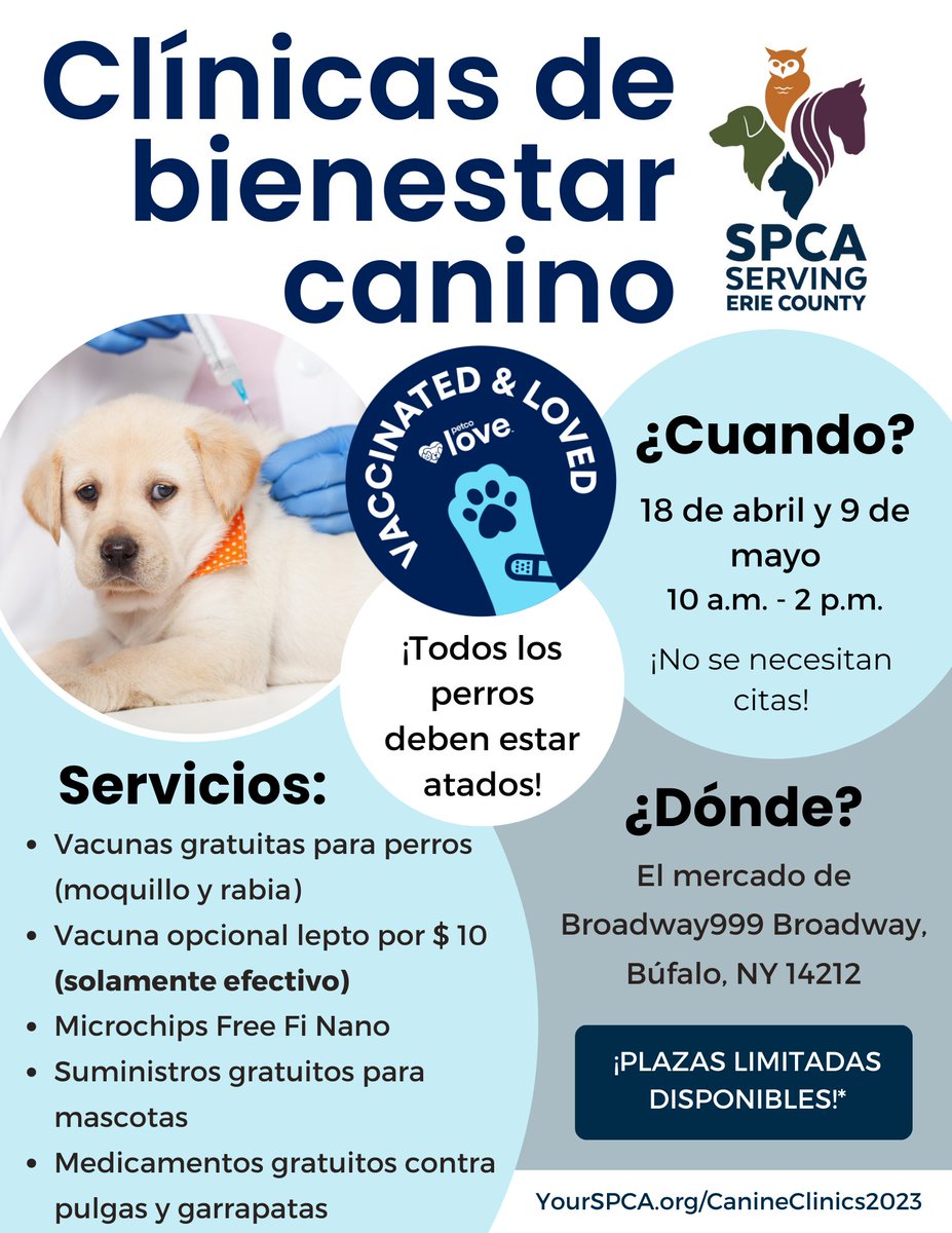 Erie County SPCA, NY (@yourspca) on Twitter photo HAPPENING TOMORROW! The SPCA will be at the Broadway Market from 10 a.m. to 2 p.m. for our Canine Wellness Clinic! With the support of <a href="/petcolove/">Petco Love</a>, free distemper vaccines will be administered at the clinic. All dogs must be on a leash! #PetcoLovePartner #VaccinatedandLoved HAPPENING TOMORROW! The SPCA will be at the Broadway Market from 10 a.m. to 2 p.m. for our Canine Wellness Clinic! With the support of <a href="/petcolove/">Petco Love</a>, free distemper vaccines will be administered at the clinic. All dogs must be on a leash! #PetcoLovePartner #VaccinatedandLoved